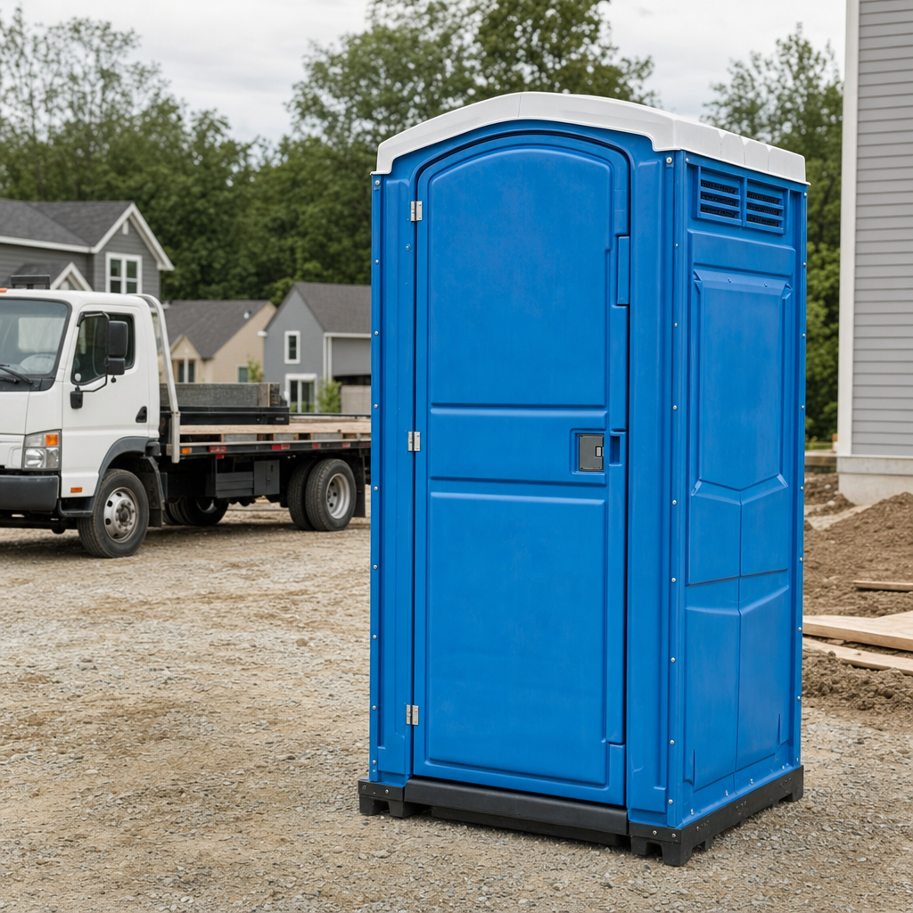 Delivery driver positioning a clean royal-blue portable toilet on level ground at a El Paso worksite