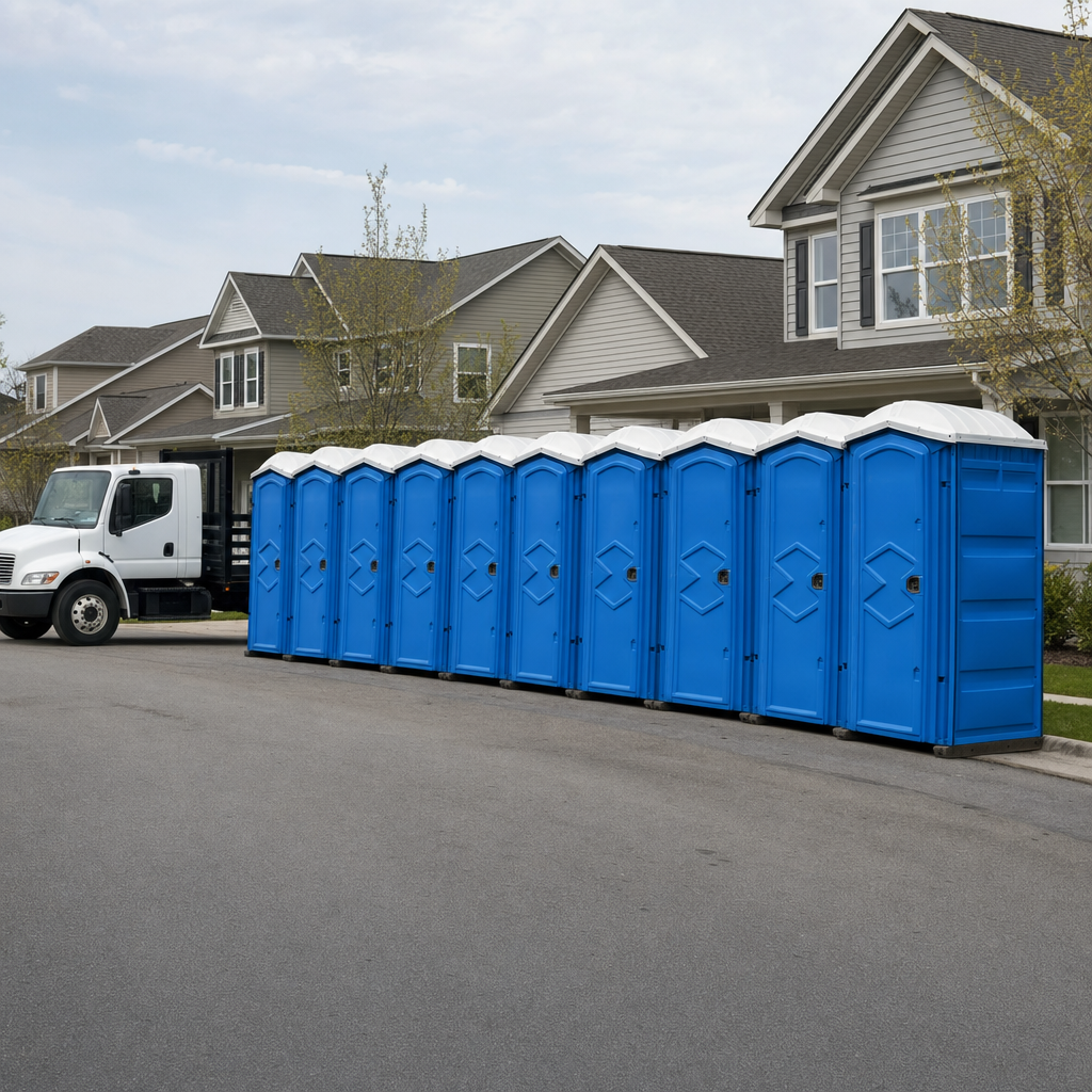 Royal blue portable toilets staged in a tidy row at a El Paso jobsite, ready for delivery